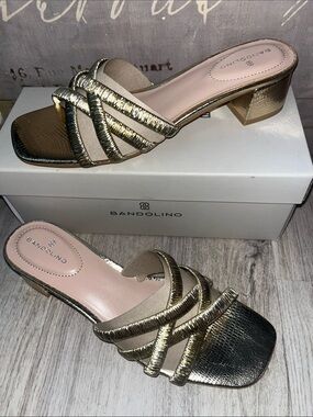 Bandolino Gold Metallic Braided Strap Low Block Heel Mules